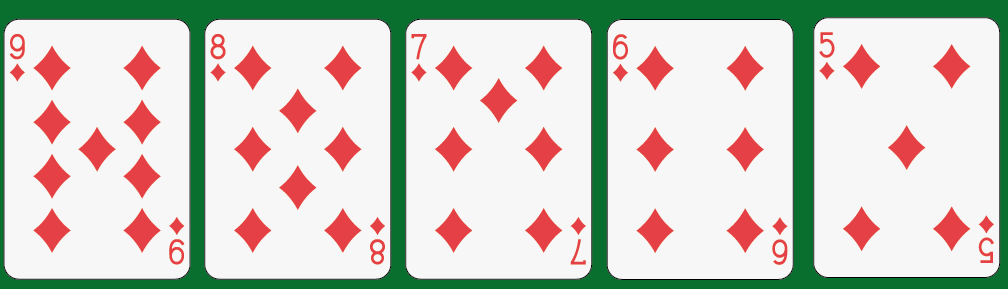 Poker Straight Flush: Five consecutive cards of the same suit (e.g., 5-6-7-8-9 of hearts)