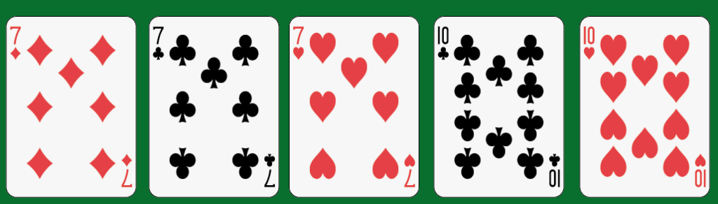 Poker Full House: Three cards of one rank and two cards of another rank (e.g., three 7s and two 10s)